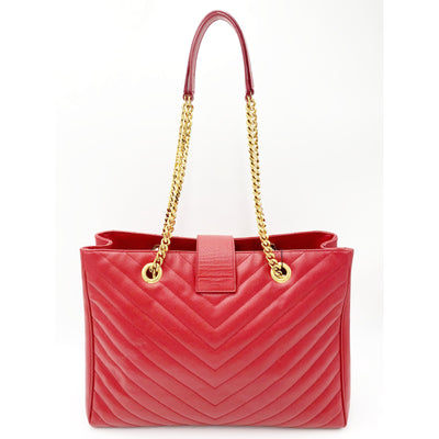 Saint Laurent Collège Grain De Poudre Matelasse Chevron Large Monogram Shoppin Red Calfskin Leather Shoulder Bag