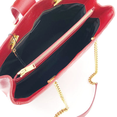 Saint Laurent Collège Grain De Poudre Matelasse Chevron Large Monogram Shoppin Red Calfskin Leather Shoulder Bag