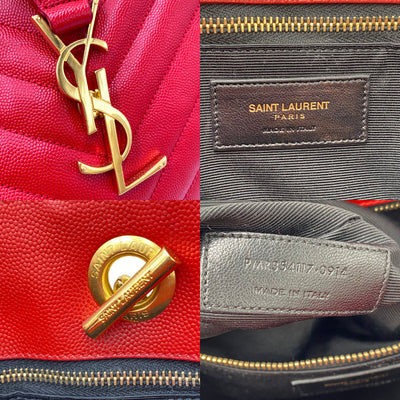 Saint Laurent Collège Grain De Poudre Matelasse Chevron Large Monogram Shoppin Red Calfskin Leather Shoulder Bag