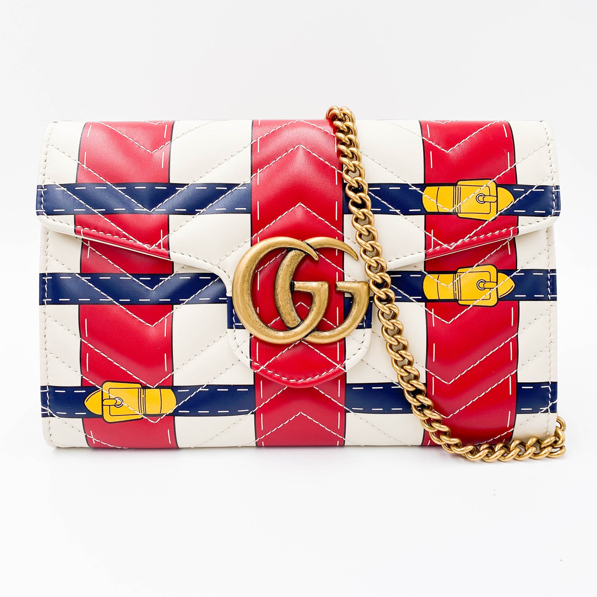 Gucci Marmont Chain Wallet Trompe L oeil Red White Blue Leather