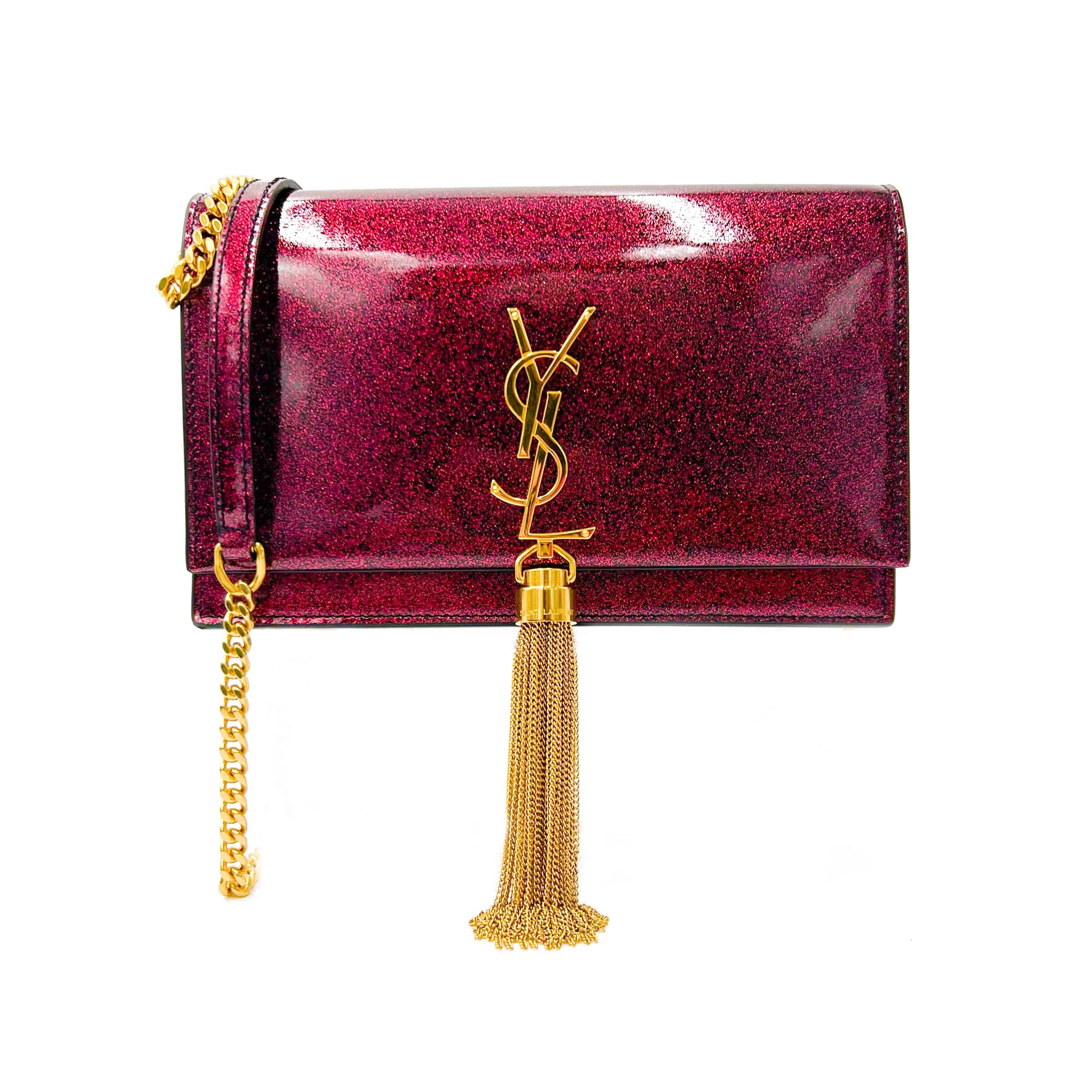 Card Holder on Chain Triomphe in Shiny Calfskin Velvet Red, Red, One Size