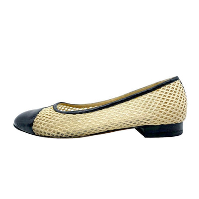 Chanel Beige Cap Toe Ballerina Woven Mesh Black Flats