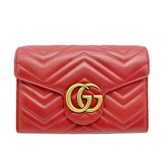 Gucci Marmont Gg Chevron Quilted Flap Wallet On A Chain Red Leather Cr -  MyDesignerly