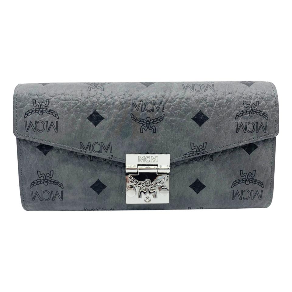 MCM Large Patricia Visetos Canvas Wallet On A Chain Grey Leather