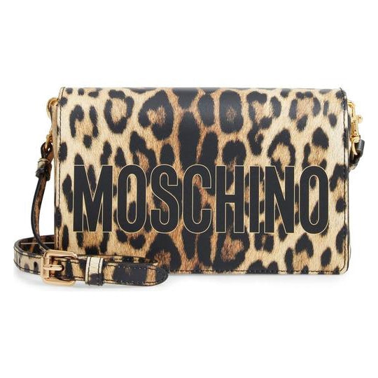 Moschino Shoulder Leopard Print Logo Black Leather Cross Body Bag