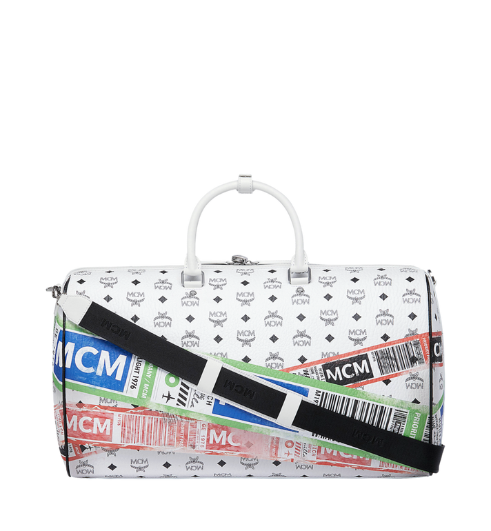 MCM Visetos Leather-Trimmed Boston Bag - White Handle Bags