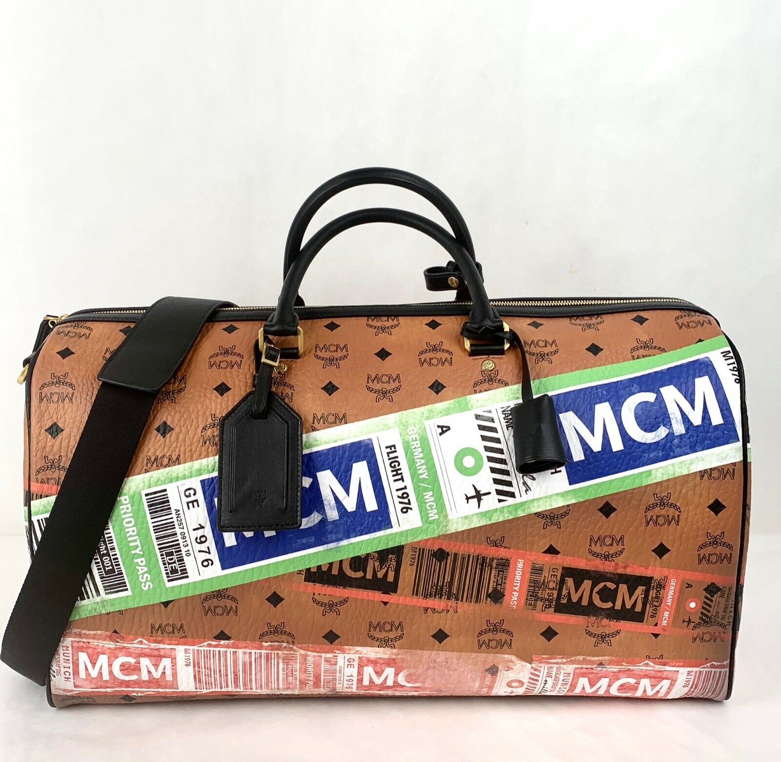 MCM Cognac Monogram Visetos Boston Duffle Bag with Strap Leather