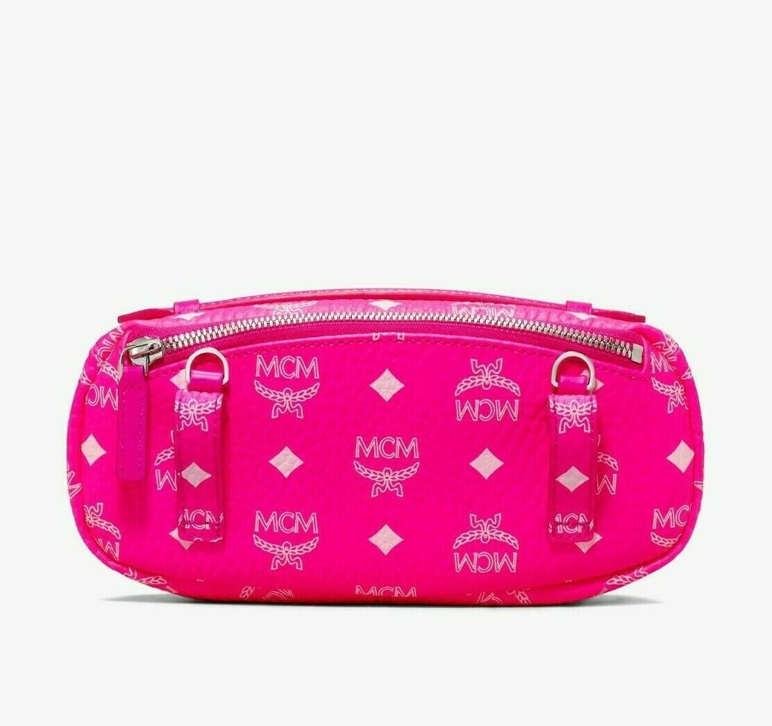 New MCM Coated Canvas NEON PINK Visetos Flat Crossbody Purse Pouch