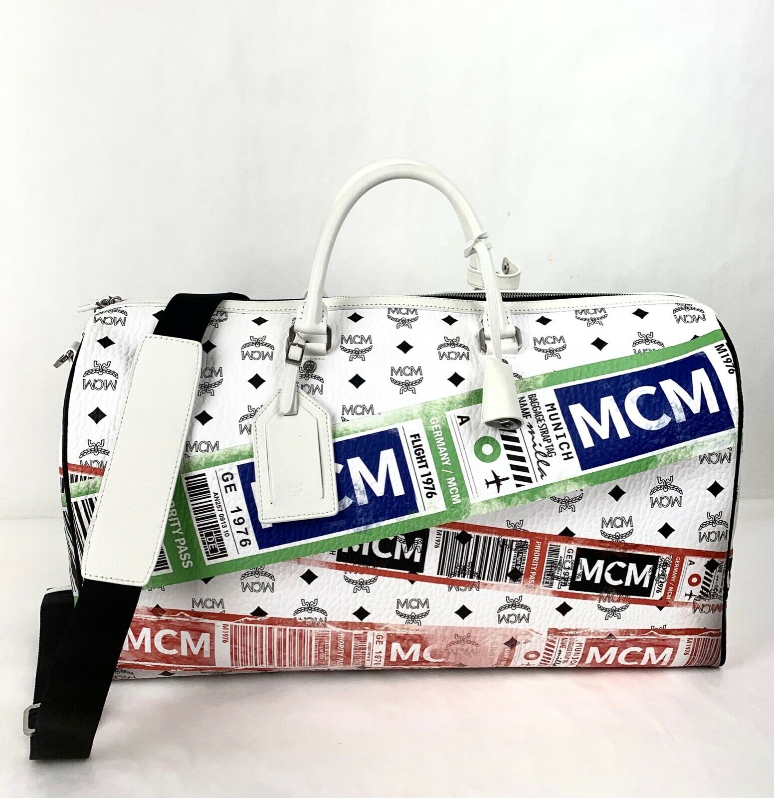 MCM Duffle Logo Pink Coated Canvas Travel Bag
