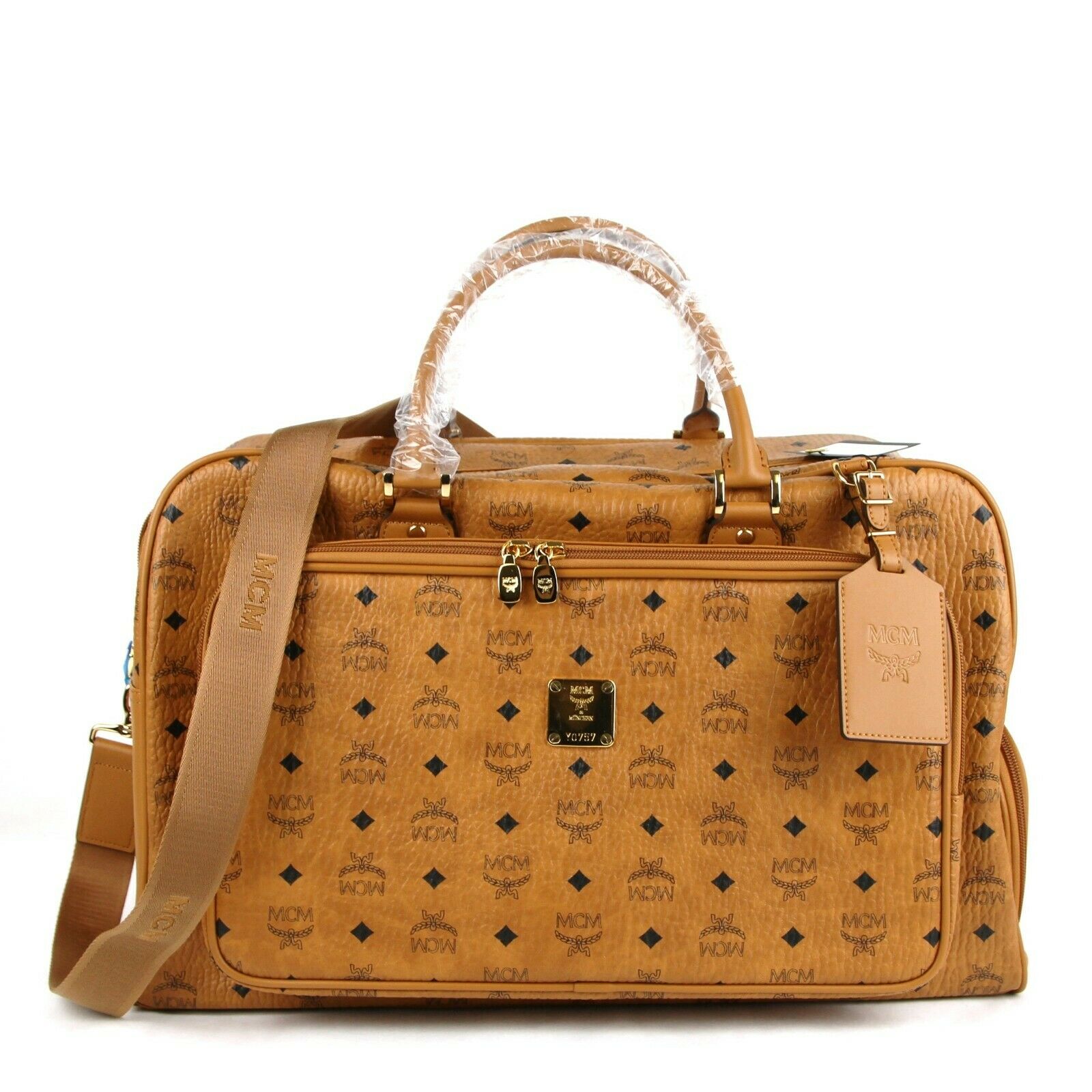 MCM Cognac Brown Visetos Coated Canvas Boston Duffel Bag