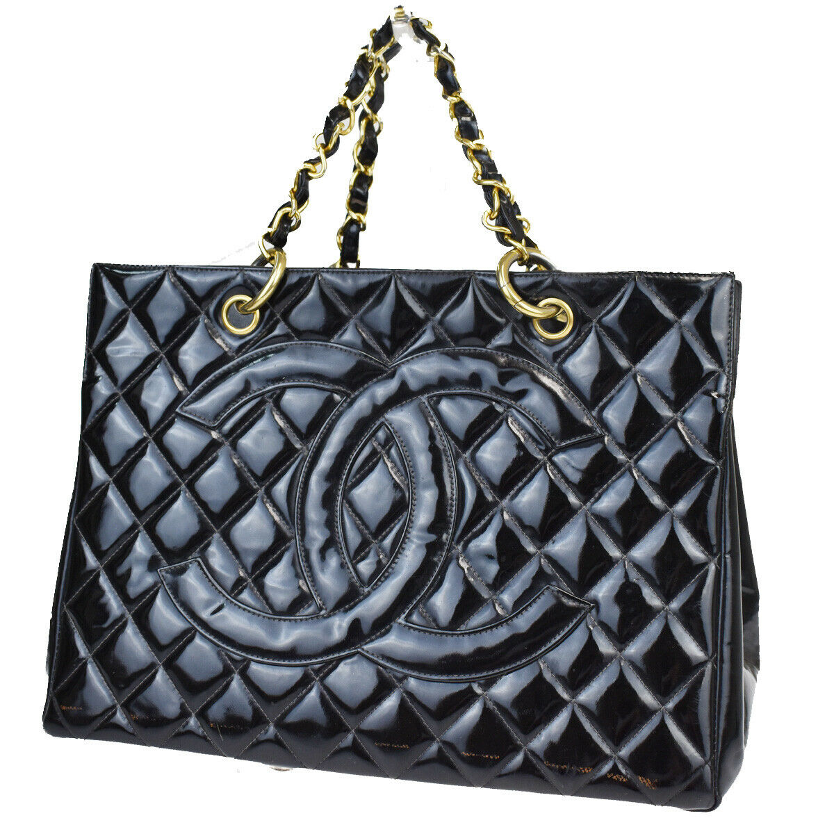 CHANEL CC GST Quilted Chain Hand Bag Patent Leather Black Vintage