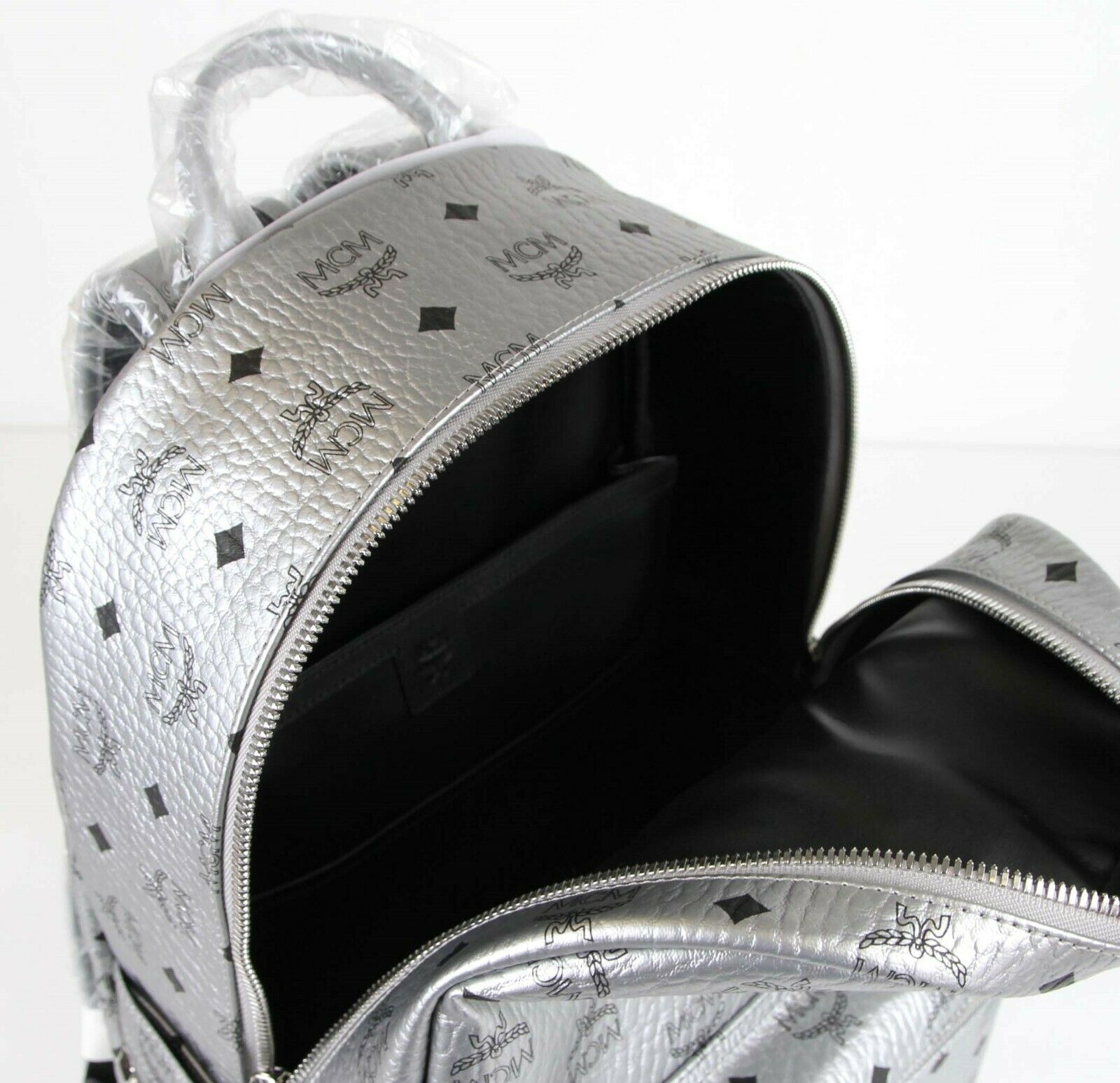 MCM Women's Berlin Silver Metallic Coated Canvas Mini Backpack