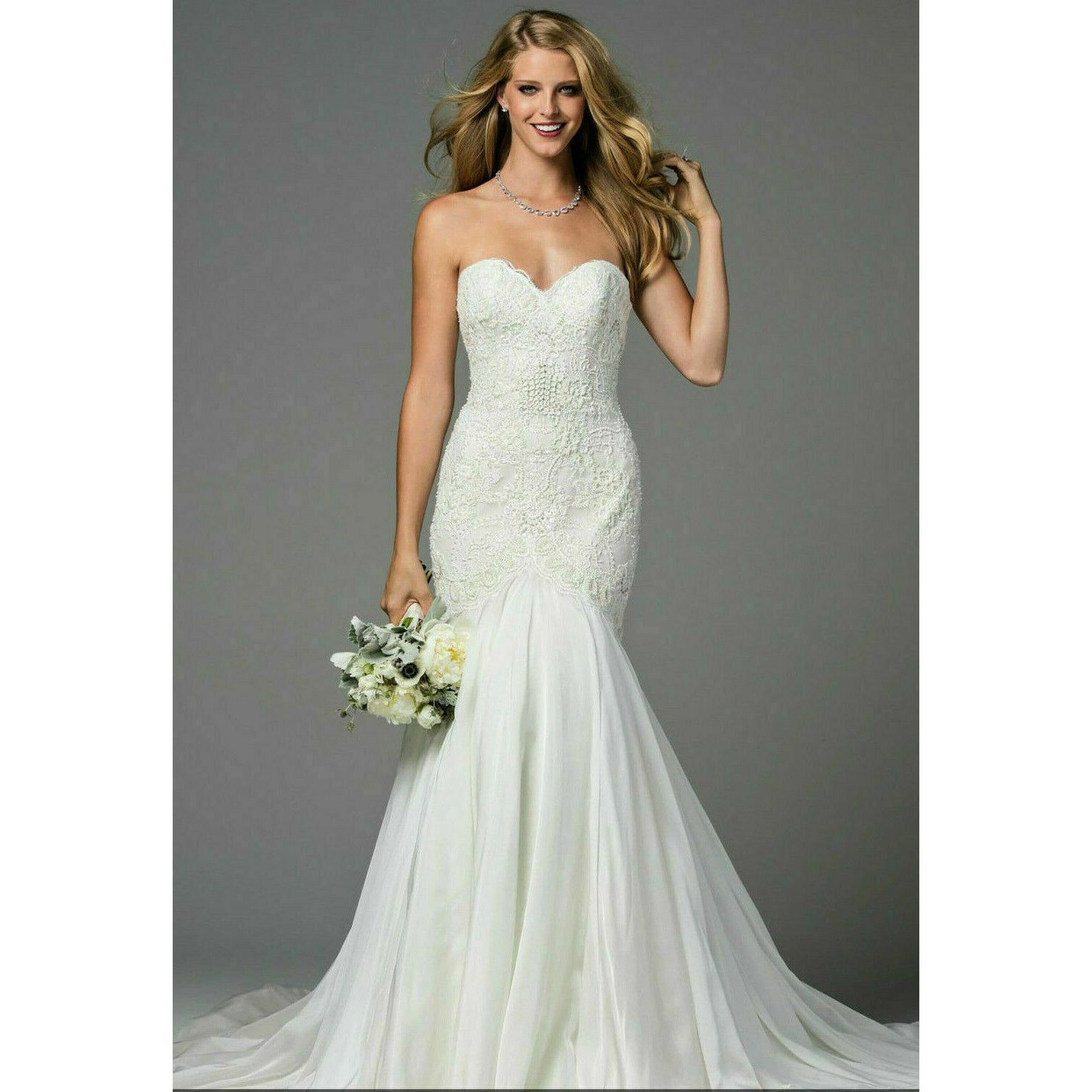 Watters Bridal White Silk Chiffon Minerva Embellished Mermaid Gown $4610