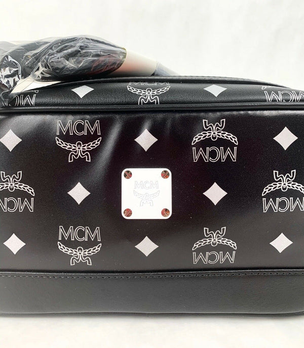 MCM Logo Printed Zip-up Wash Bag in Black