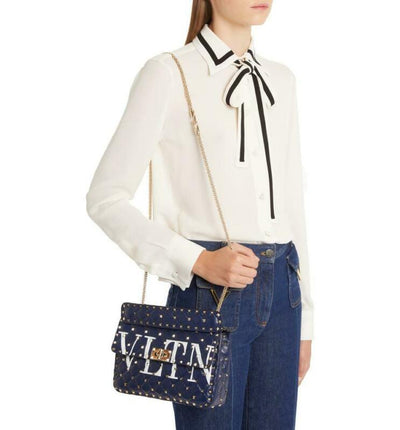 Valentino Garavani Medium Spike.it Vltn Logo Alt Blue Leather Shoulder Bag