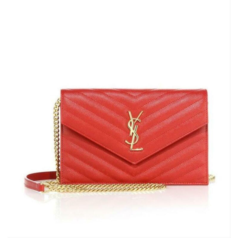 Saint Laurent Monogram Envelope Chain Wallet Matelasse Chevron New Red Leather