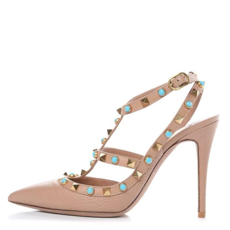 Valentino Beige Pebbled Calfskin Rockstud Rolling Ankle Strap Poudre Pumps