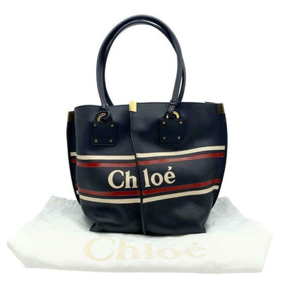 Chloé Vick Logo Embossed Full Blue Leather Tote