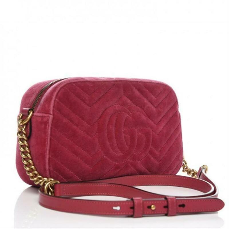 Authentic New Gucci GG Marmont Fuchsia ChevronQuilted Velvet