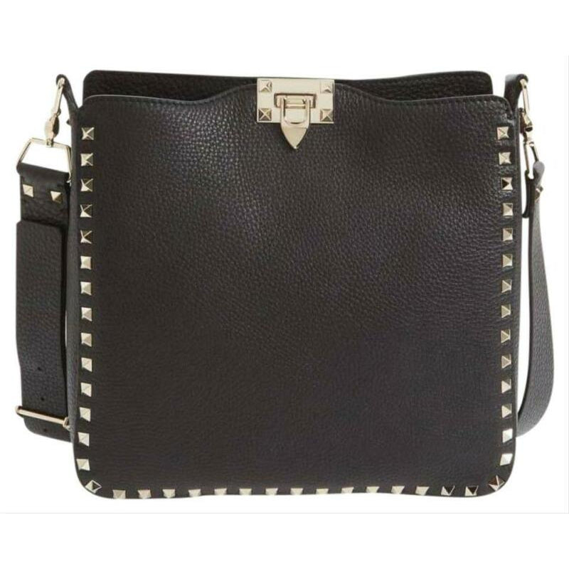 Valentino Pebbled Calfskin Rockstud Flip Lock Medium Black Leather Messenger Bag