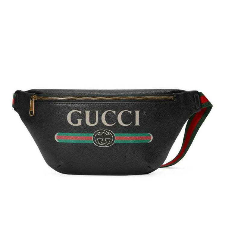 Gucci Belt Bum Retro Print Fanny Pack 80 Black Leather Messenger Bag