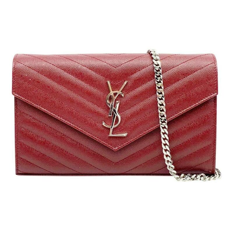 Saint Laurent Chain Wallet Medium Envelope Monogram Red Leather Cross Body Bag