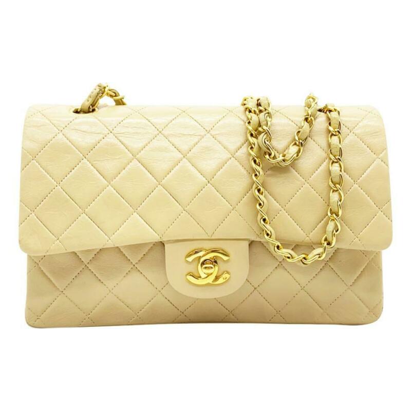 Chanel Double Flap Chain Vintage Medium Beige Lambskin Leather Shoulder Bag