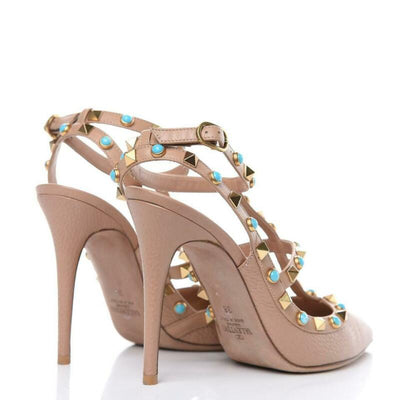 Valentino Beige Pebbled Calfskin Rockstud Rolling Ankle Strap Poudre Pumps