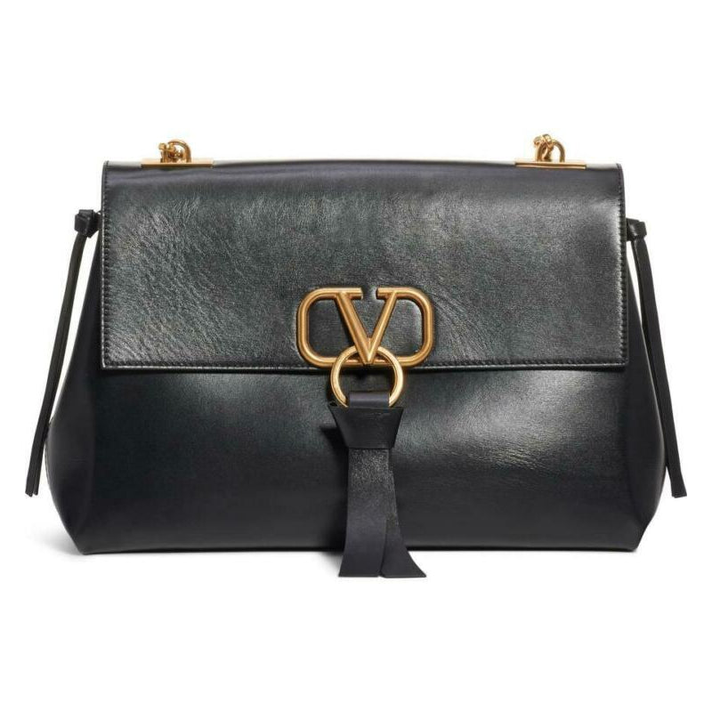 Valentino Medium Vee Ring Black Grained Leather Shoulder Bag