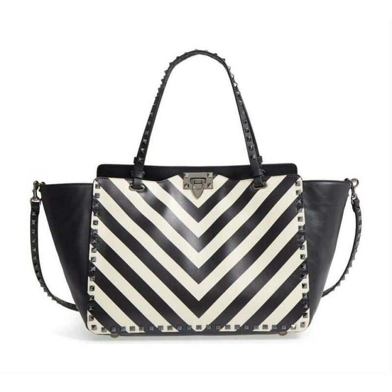 Valentino Rockstud Chevron Stripe Medium Black Leather Tote