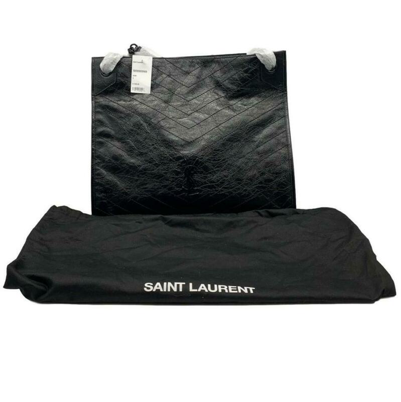 YVES SAINT LAURENT Niki Large Crinkle Leather Shopper Tote Bag Black