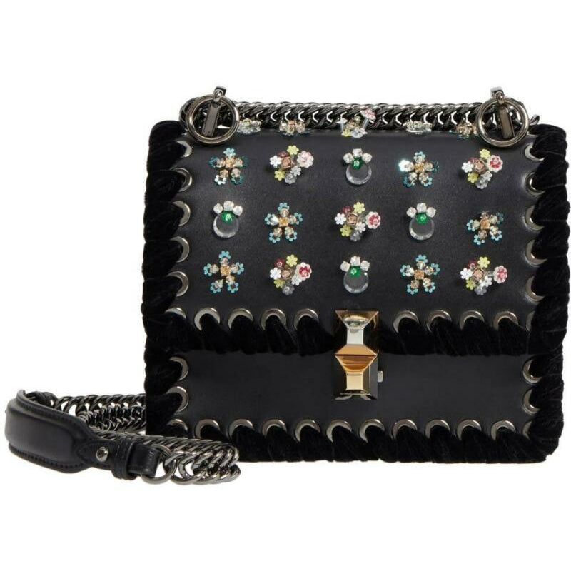 Fendi Mini Kan Beaded Flowers Calfskin Shoulder Black Leather Cross Body Bag