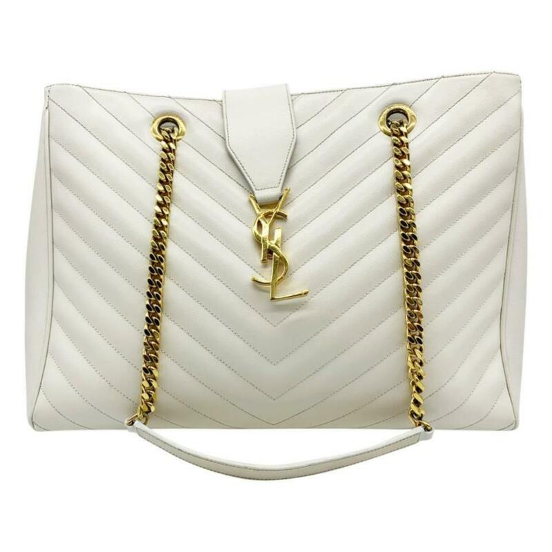 Saint Laurent Monogram Shopping Grain De Poudre Matelasse Chevron White Leather