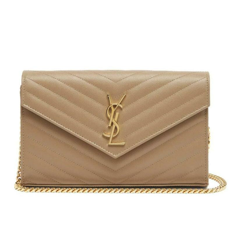 Saint Laurent Monogram Envelope Chain Wallet Medium Beige Leather Shoulder Bag