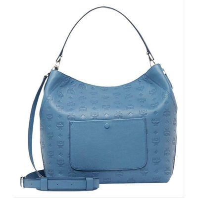 MCM Hobo Bag Klara Large Monogrammed Luft Blue Leather Tote - MyDesignerly