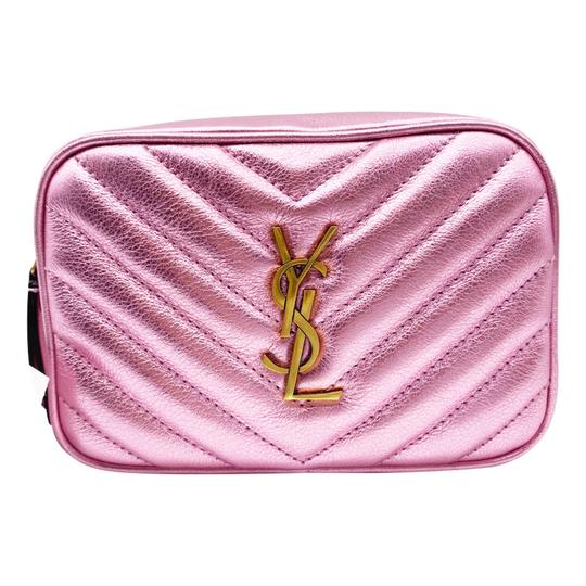 SAINT LAURENT Metallic Calfskin Matelasse Monogram Lou Camera Bag Vegas Pink  446768