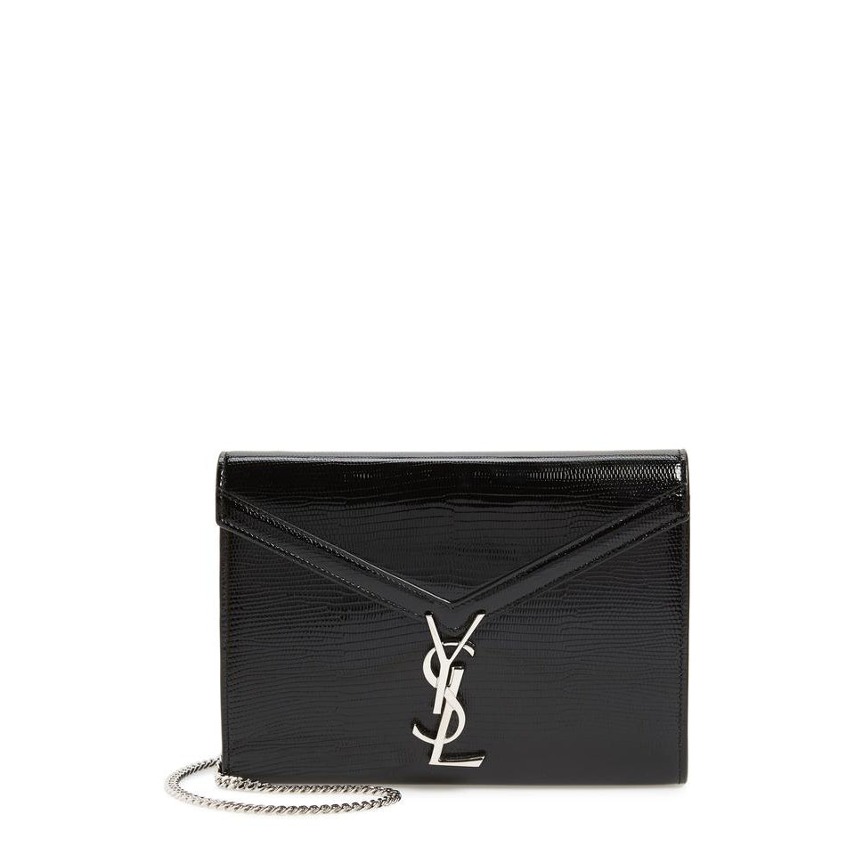 Saint Laurent Cassandre Reptile Embossed Calfskin Wallet On A Chain Black Leather Shoulder Bag