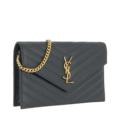 Saint Laurent Chain Wallet Small Envelop Metallic Monogram Silver Leat -  MyDesignerly