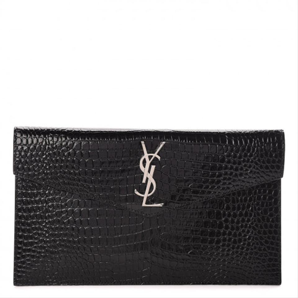 Saint Laurent Crocodile Embossed Uptown Monogram Black Calfskin Leather Clutch