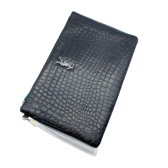 Saint Laurent Envelope Crocodile Embossed Monogram Document Holder Pouch  Black Leather Wristlet