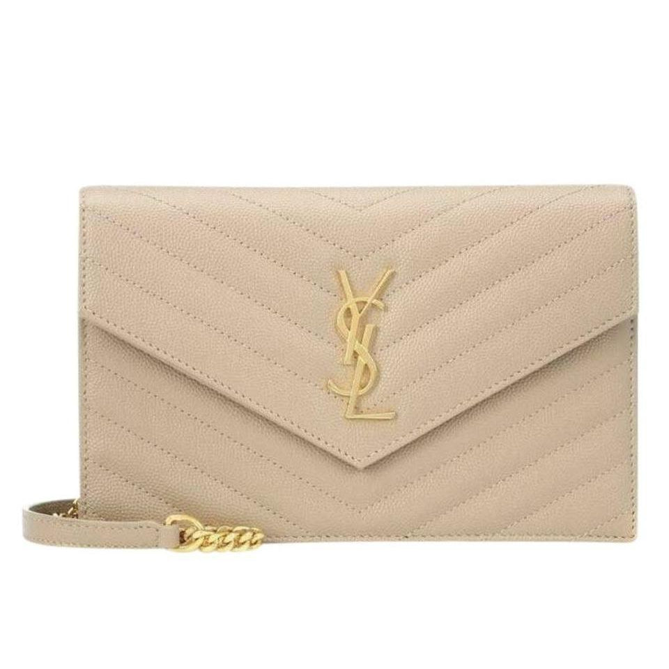 Saint Laurent Monogram Envelope Chain Wallet Small Poudre Beige Leather Cross Body Bag