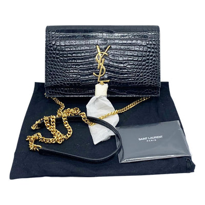 Saint Laurent Monogram Kate Wallet on Chain Crocodile Embossed Tassel Black Patent Leather Cross Body Bag