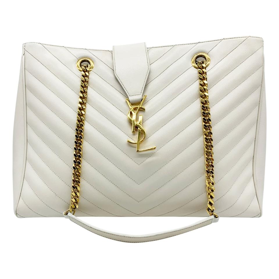 Saint Laurent Monogram Shopping Grain De Poudre Matelasse Chevron White Leather Shoulder Bag