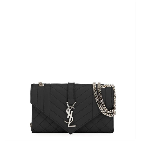 Saint Laurent Chain Wallet Small Envelop Metallic Monogram Silver Leat -  MyDesignerly