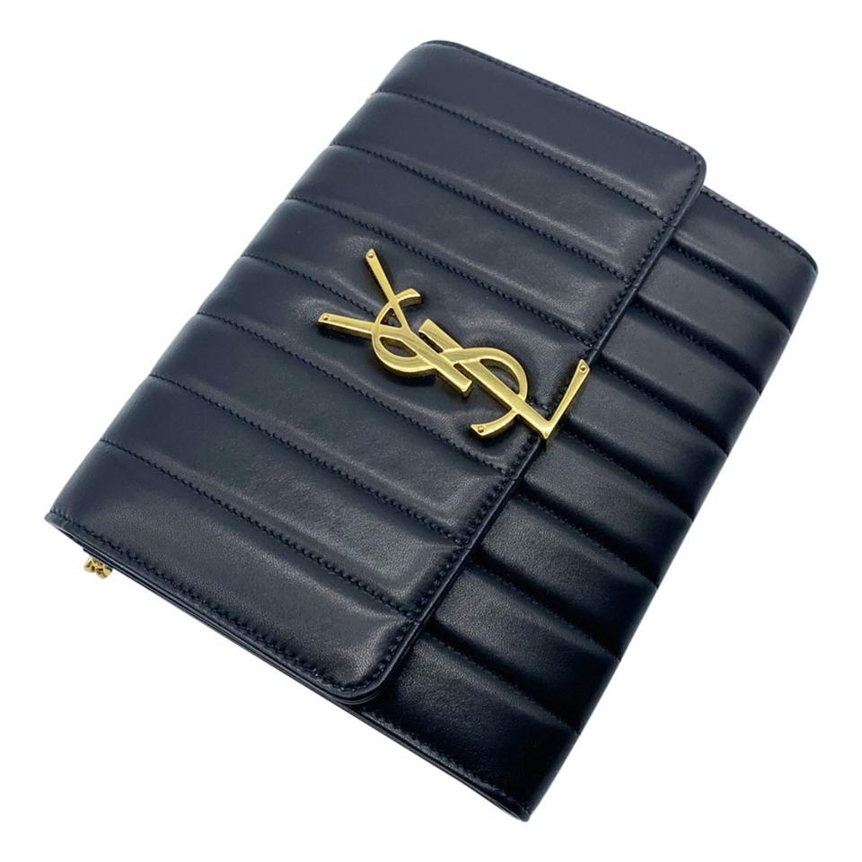 Saint Laurent Monogram Embossed Dark Beige Leather Clutch Bag New