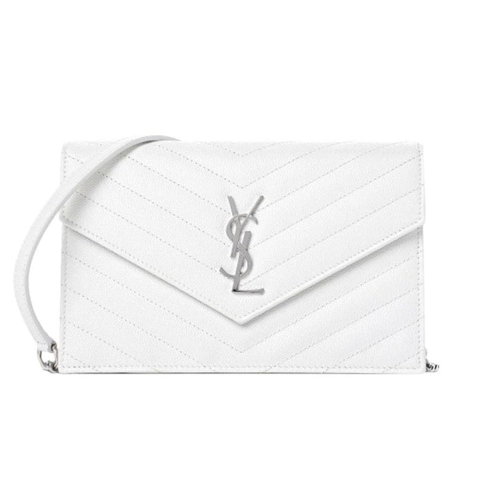 Saint Laurent Wallet Monogram Envelope Chevron Chain Woc White Leather Shoulder Bag