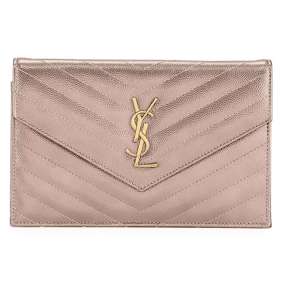 Saint Laurent Wallet on Chain Small Ysl Monogram V-flap Metallic Silver Leather Shoulder Bag