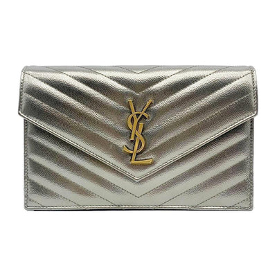 Saint Laurent Wallet on Chain Small Ysl Monogram V-flap Metallic Silver Leather Shoulder Bag