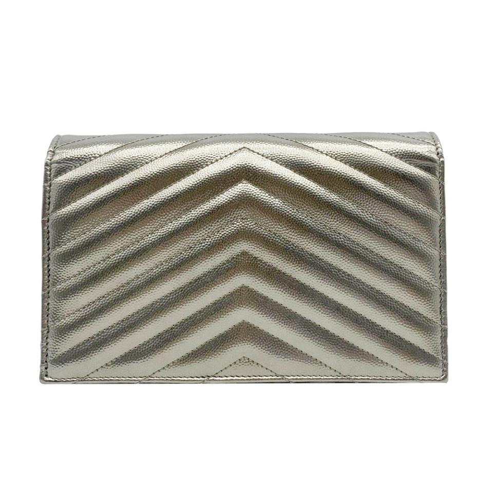 Saint Laurent Chain Wallet Small Envelop Metallic Monogram Silver Leat -  MyDesignerly