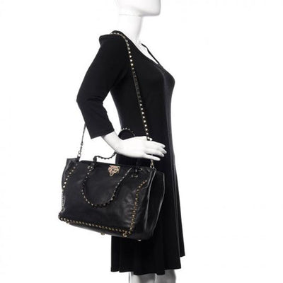 Valentino Medium Rockstud Vitello Black Leather Tote